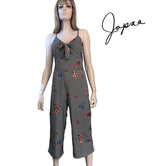 Japna Jumpsuit Romper Pants Floral Stripe Boho Shirred Smocked Tie Front - Picture 1 of 15